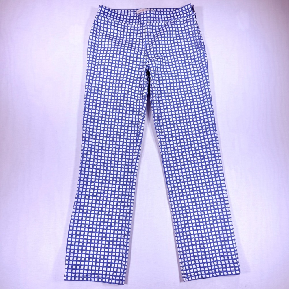 Tory Burch Blue White Grid Check Straight Leg Side Zip Pants Size 26 NWOT